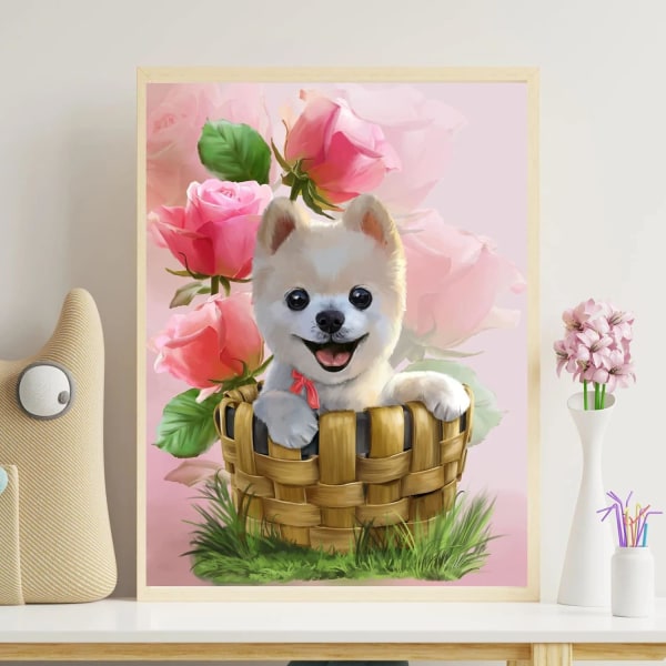 Suloinen pentu DIY timanttimaalaussetti, kukka timanttitaidekäsityö, pyöreä timanttimaalaussetti timanttiseinän sisustuslahja 12x16 tuumaa