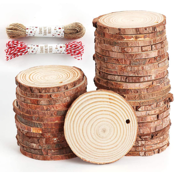 30pcs Natural Wood Slices 6-7cm Log Discs Wooden Circles With Natural Jute Twine