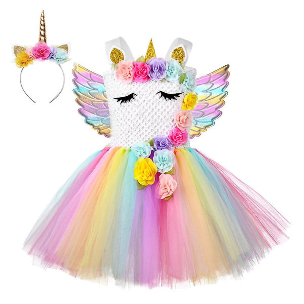 3pcs Sequin Little Child Pony Dress Unicorn Dress With Wings Headband（M(3-4Y)）