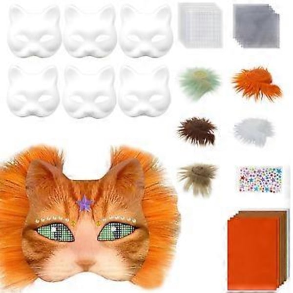 Handmålade Kattmasker Djurmaskset Maskeradmask Blank Mask med Plyschtyg Halloweenfestmask för Vuxna Set 2