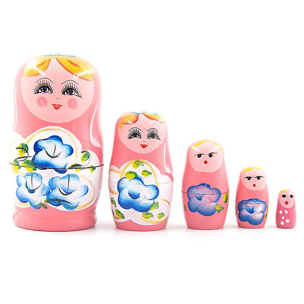 Matryoshka Handmålade Femlagersdockor, Hantverksprydnader (Rosa)