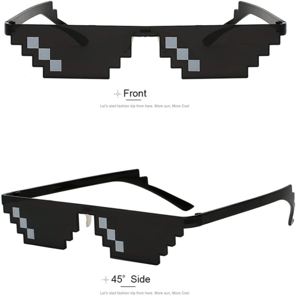 Thug Life Set med 3 glasögon för män och kvinnor med 8 pixlar, mosaikfotorekvisita unisex - svart, svart, fyrkantig