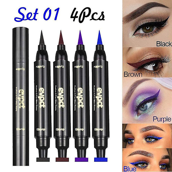 4 väriä siivekäs eyeliner-leimasinsetti, siipi vedenpitävä eyeliner-leimasintyökalu Wingliner, musta punainen vaaleanpunainen vihreä（B）