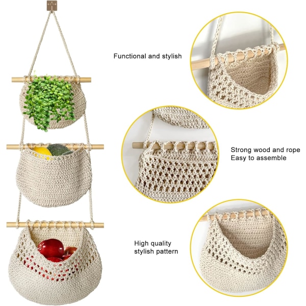 (Vit) Bomull 3-vånings handgjorda hängande förvaringskorgar - Hängande