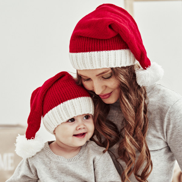2 stycken förälder-barn julmössa i ull, varm stickad cap