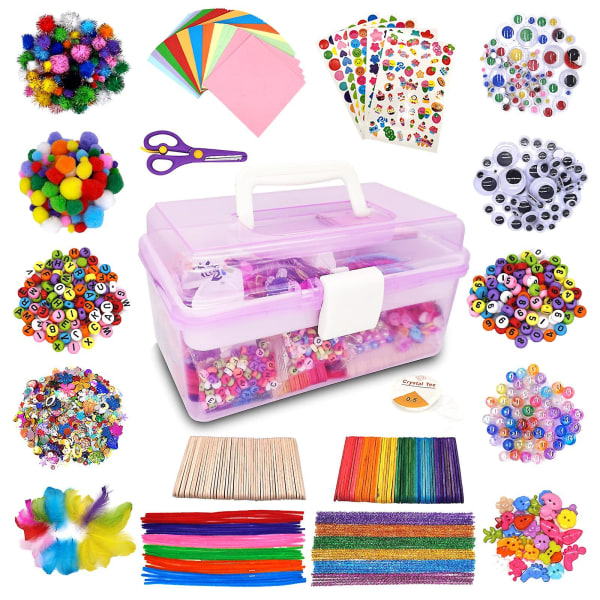 1000+ st Kids Craft Box Kit Toddler och hantverk för barn inkluderar Pom Poms Pip Cleaners Fjädervikbar box（lila）