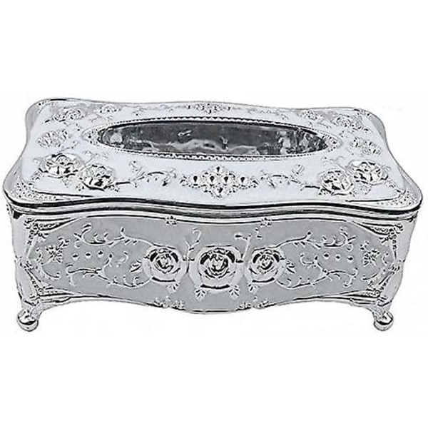 Fyrkantig servettbehållare i plast med spetskant och blommönster (silver)