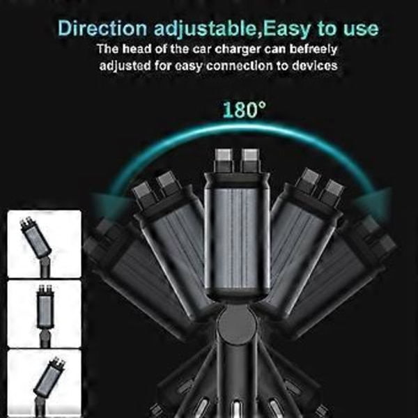 4-in-1 kaksois-USB-C- ja USB-A-autolaturi tähtiprojektorivalolla ja kaapelilla, 180 astetta säädettävä autolaturisovitin