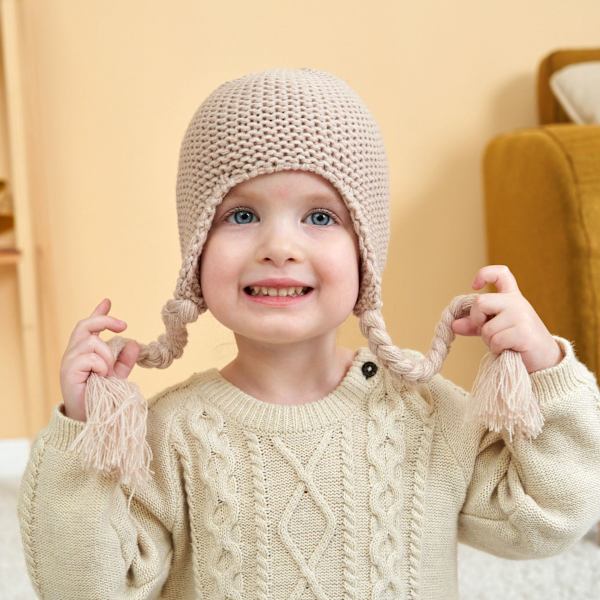 Baby Stickad Pälsboll Mössa Justerbar Flätor Öronskydd Plus Fleece Varm Barnmössa (Khaki)