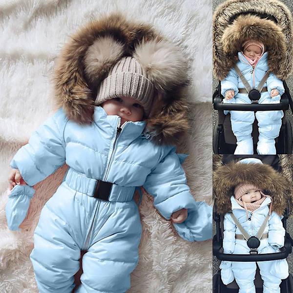 Unisex Baby Hooded Jumpsuit för 0-24 månader Pojkar Flickor Jumpsuit Romper med pälskrage（75cm Ljusblå）