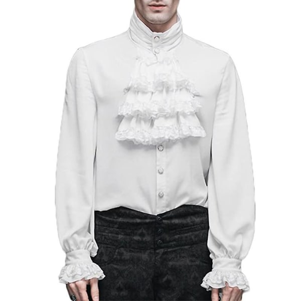 Piratskjorta för män renässans medeltida cosplay-tröja（L vit）