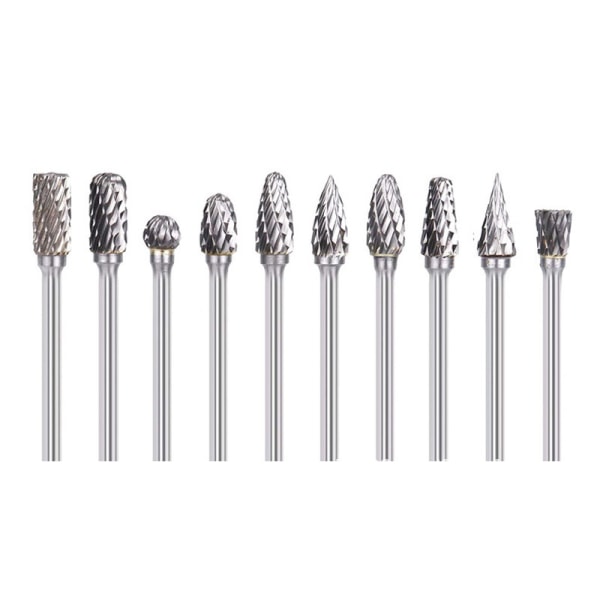 10PCS Carbide Rotary Burr Set 10pcs Double Cut Accessory Burrs with 3mm (1/8 inch) Shank for DIY Wood Carving Drilling Engraving Metal Polishing