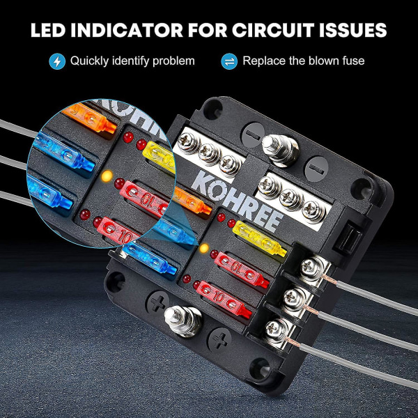 6-veis 12v sikringsboks 32v 100a sikringsholder med 10 sikringer 6 LED-indikatorer Beskyttelsesdeksel + 2 stk klistremerker for bilbåt bobil