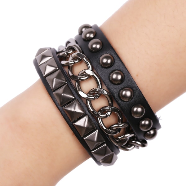 Herr Svart Äkta Läder Mode Armband Legering Knappar Manschett