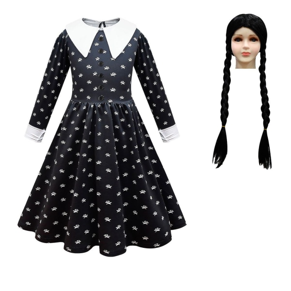 Onsdag Addams Cosplay udklædningskjolesæt Halloween kostume Karnevalsfest udklædning til piger（140 cm med paryk）