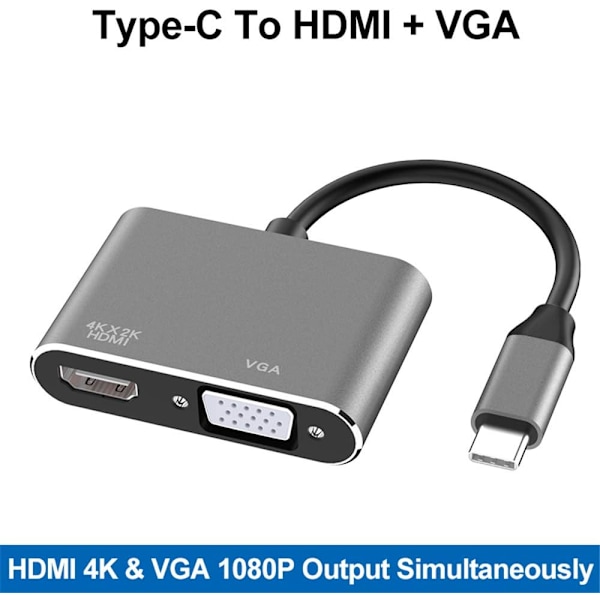 USB-C till HDMI VGA-adapter, 2-i-1 Typ C till HDMI 4K, VGA 1080P Co