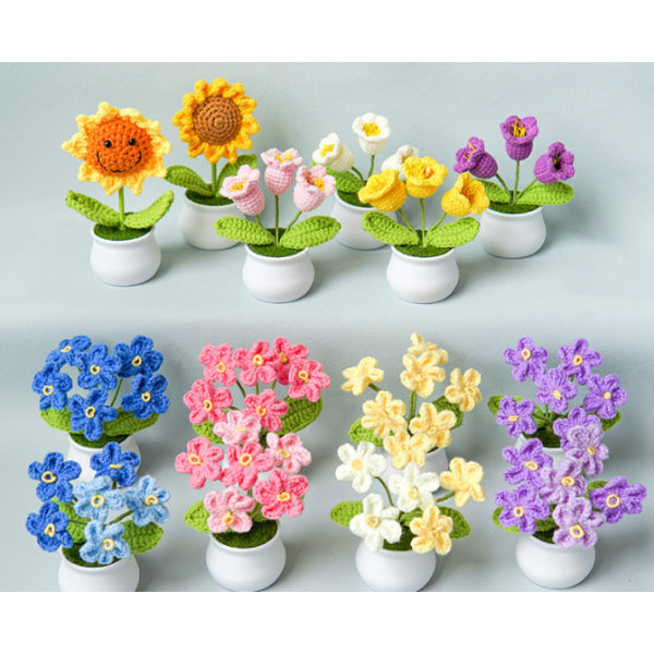 Hvit gul liten Daisy 6 hoder, imitasjon grønn plante DIY håndlaget