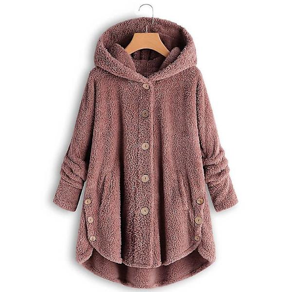 Damjacka Mode Knapp Fluffy Ull Huvjacka Lös Vinter Värme Plus Storlek（M Rosa）