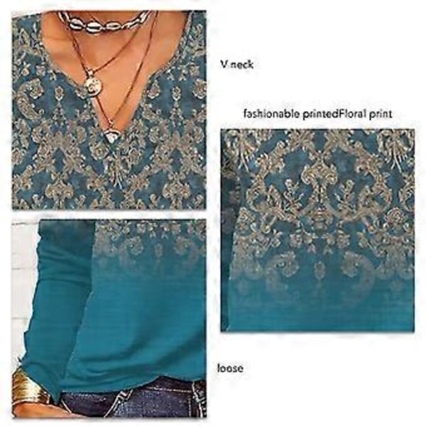 Vintage-kuvioitu pusero V-pääntie Pitkähihainen Löysä kuvioitu pusero Naisten treffeille (2XL Vihreä) Green 2XL