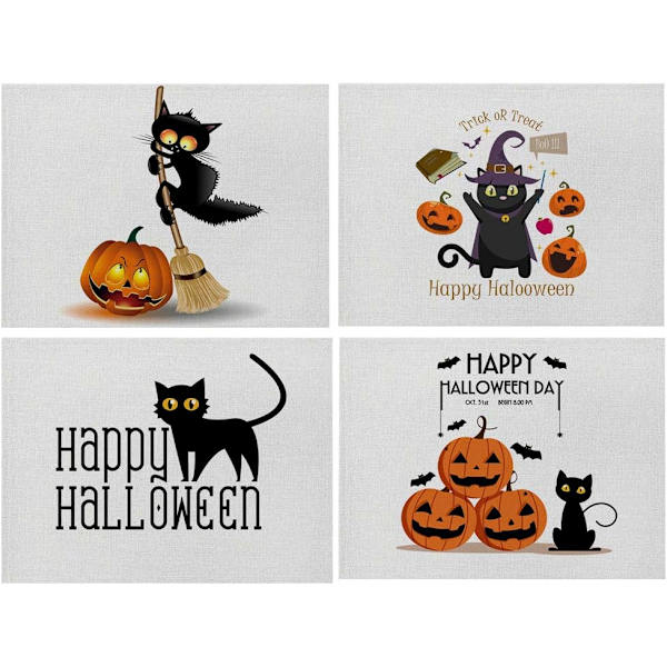 Set med 4 farger 10 Halloween-plassmatter i bomull og lin - Katt o