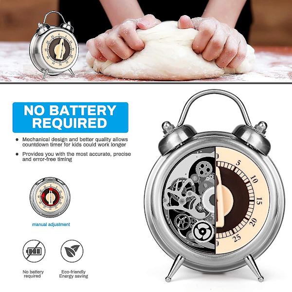 Køkken Timer Ingen Batteri Mekanisk Timer 60-minutters Visuel Analog Timer Ur Design Rustfrit Stål Nedtællingstimer