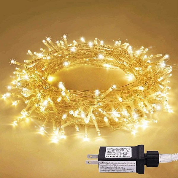 33ft 100 LED Varm Hvid Indendørs Fe Lys, 8 Tilstande Transparent