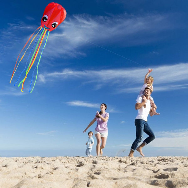 Set med 2 nya uppgraderade Smiley Big Octopus Kites, lätta att flyga, färgglada långa drakar för barn, vuxna, utomhusaktiviteter, strand, park, resor