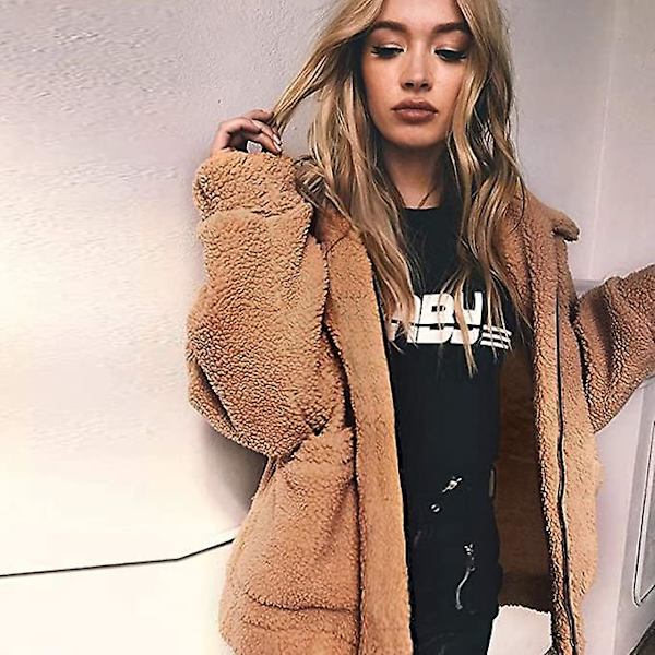 Dame Lapel Langærmet Faux Jakke Vinter Sexet Parka Mode Jakke（2XL Khaki）