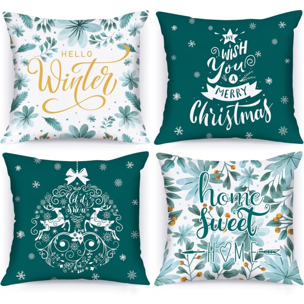 Set of 4 Christmas Cushion Covers 45 x 45 cm (Teal), Merry Christ