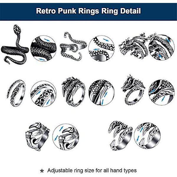 Vintage Punk Ringar Set för Män Kvinnor Orm Öppen Groda Ring Knuckle Stacking Ringar Justerbar Punk Ring Set, 8/24pcs（24 st）