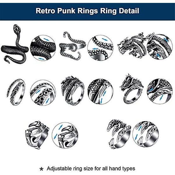 Vintage Punk Rings Set för män Kvinnor Snake Open Frog Ring Knog Stapling Ringar Justerbar Punk Ring Set, 8/24 st（24 st）