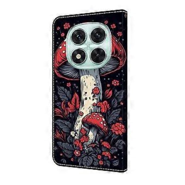 Læderetui med mønstertryk, tegnebogsstativ og flip-cover til Xiaomi Redmi Note 14 Pro 5G Red Mushroom