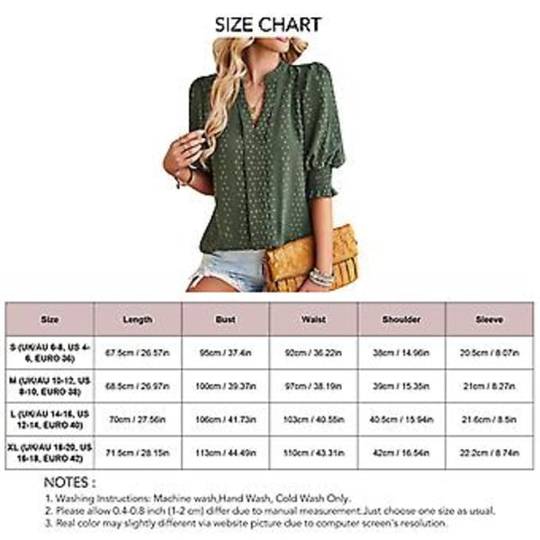 Dam Halv Ärm V-ringad Topp Elegant Trendig Enfärgad Puffärm Elastisk Rynkad Manschett Skjorta Blus (XLOD Grön) OD Green XL
