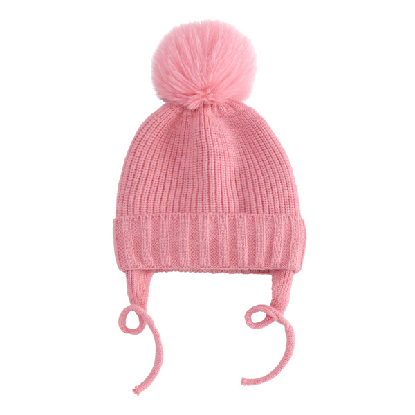 Børns strikkede hue med justerbare fletninger ørebeskyttere plus fleece varm babyhue (Pink)