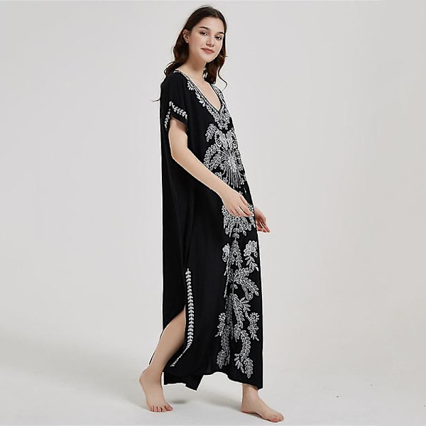 Kvinders Strandbluse Broderet Strandkjole Lang Kjole Cover-up Kjole Sommerkjoler Sort Hvid