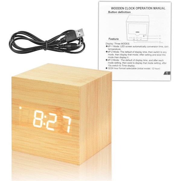 Träväckarklocka - Mini digital klocka med temperaturtid Dis