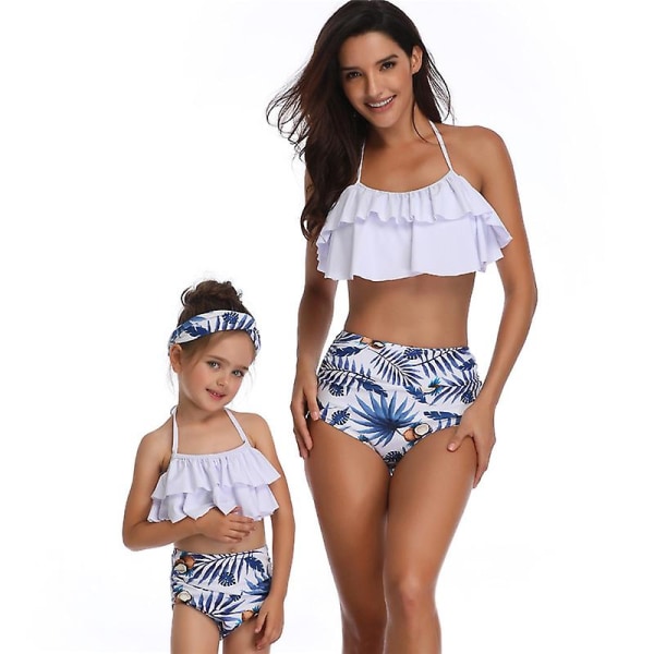 Kvinder badetøj Højtaljet forældre-barn badetøj Blomsterprint Halter flæse 2-delt bikinisæt svømmekostume（128 hvid grøn）