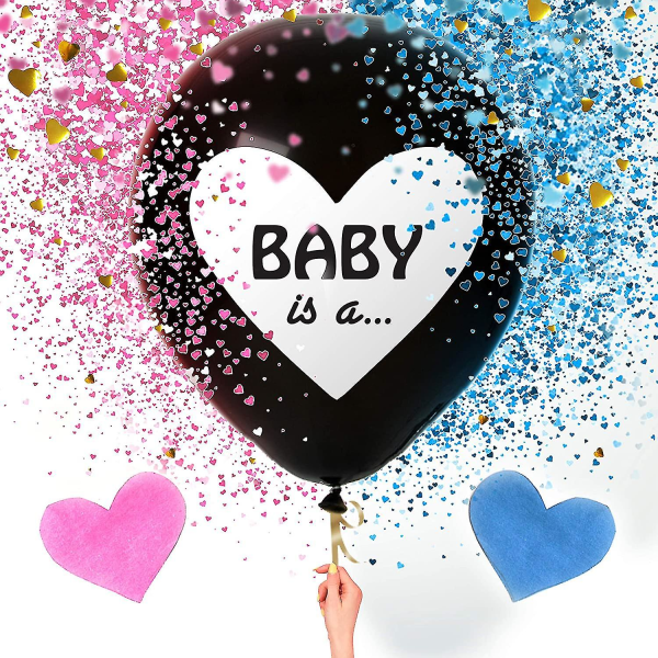 Sweet Baby Co. Jumbo 36 tommer Baby Gender Reveal Ballon | Store sorte balloner med rosa og blå hjerteformet konfettipakker til dreng eller pige | Babyshow