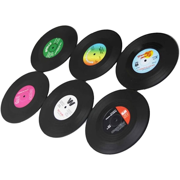 Sæt med 6 retro-glasunderlag til CD'er, sort, under glas, underlag, coas