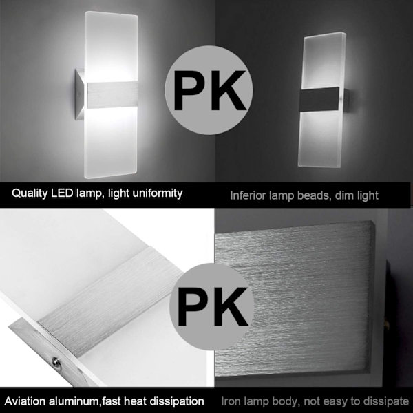 LED Akryl Vegglampe 12W Kald Hvit 6000K Opp Ned Lampe for Be