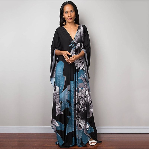 Kvinnors tryckta maxiklänning fladdermusärm strandklänning plus size solklänning strandkläder kaftan överdrag Dn0516
