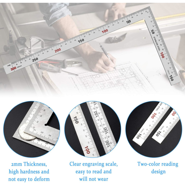 2 stk. L-formet firkantet lineal, tømrerens vinkel, rustfrit stål C