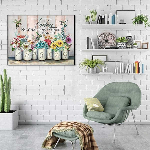 Blommönster Diamantmålningssatser, 5D Diamantkonstsatser Fulla Diamantmålningssatser för Vuxna, Diamantmålning Konst och Hantverk för Vuxna Blomster Excitement Språk Hemväggsdekor 12X 16 tum