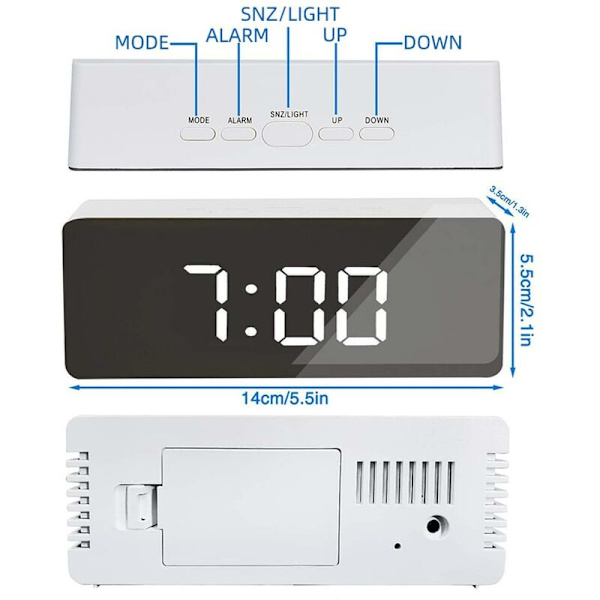 Svart LED Digital Spegelbord Klocka Datum Temperaturvisning För