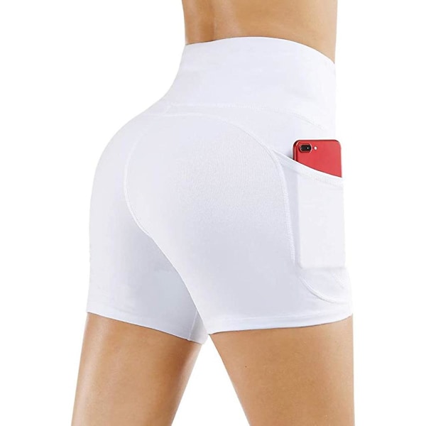 Yogashorts, damshorts, sidofickor med telefonficka, hög midja, yoga, fitness, gym, träningsbyxor, vita (M)