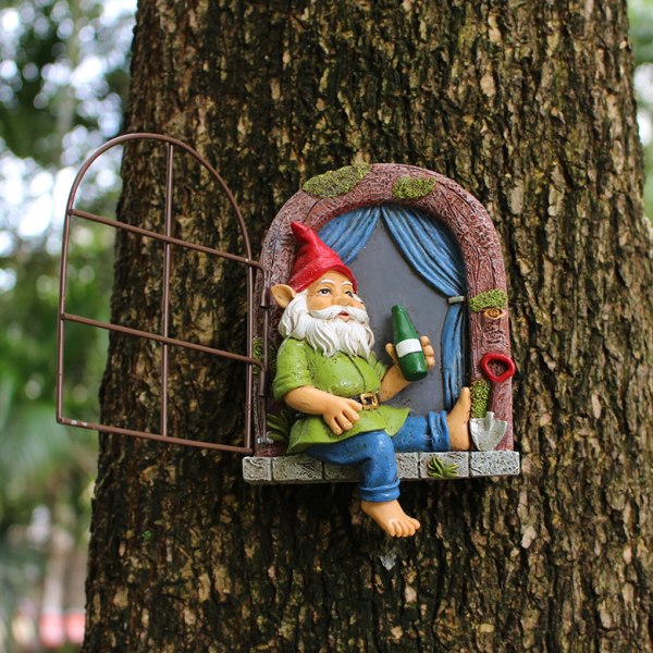 Drikkende dverg vinduspryd Creative Resin Hage Hage Tre Hengende Utendørs Landskap Ornament