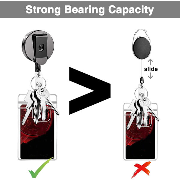 2 stk. Retractable nøkkelring nøkkelrulle, Heavy Duty Retractable Key Chain Reel Ståltrådtau for nøkler og passerer ID-belte Badge Holder Pull Reel - Svart