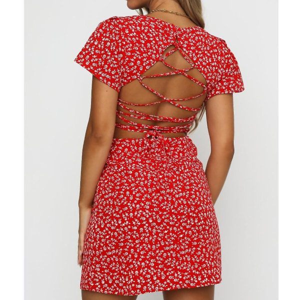 Ohpa blommiga korta damklänningar med V-ringad korta klänningar (L Röda)