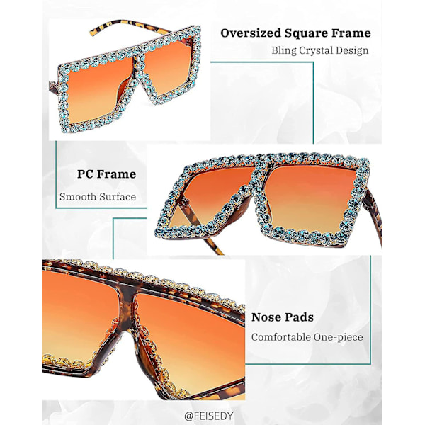 Ylisuuret kimaltelevat kristalliset aurinkolasit Disco Diamond Flat Top Fashion Square Large Shades