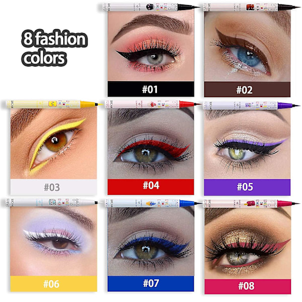 8 kpl värillisiä matta nestemäisiä eyeliner-sarjoja, värikkäitä eyeliner-kynä vedenkestäviä eyeliner-nestekynä monivärisiä meikkikynä